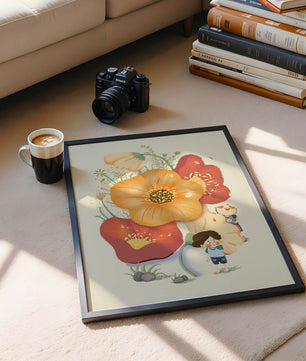Charming Illustration of Children among Large Flowers with Playful Puppy