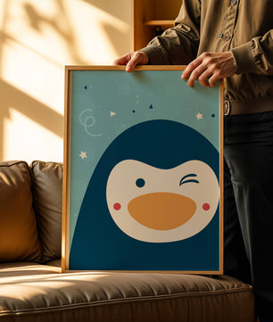 Pingüino animado juguetón sobre un fondo azul caprichoso