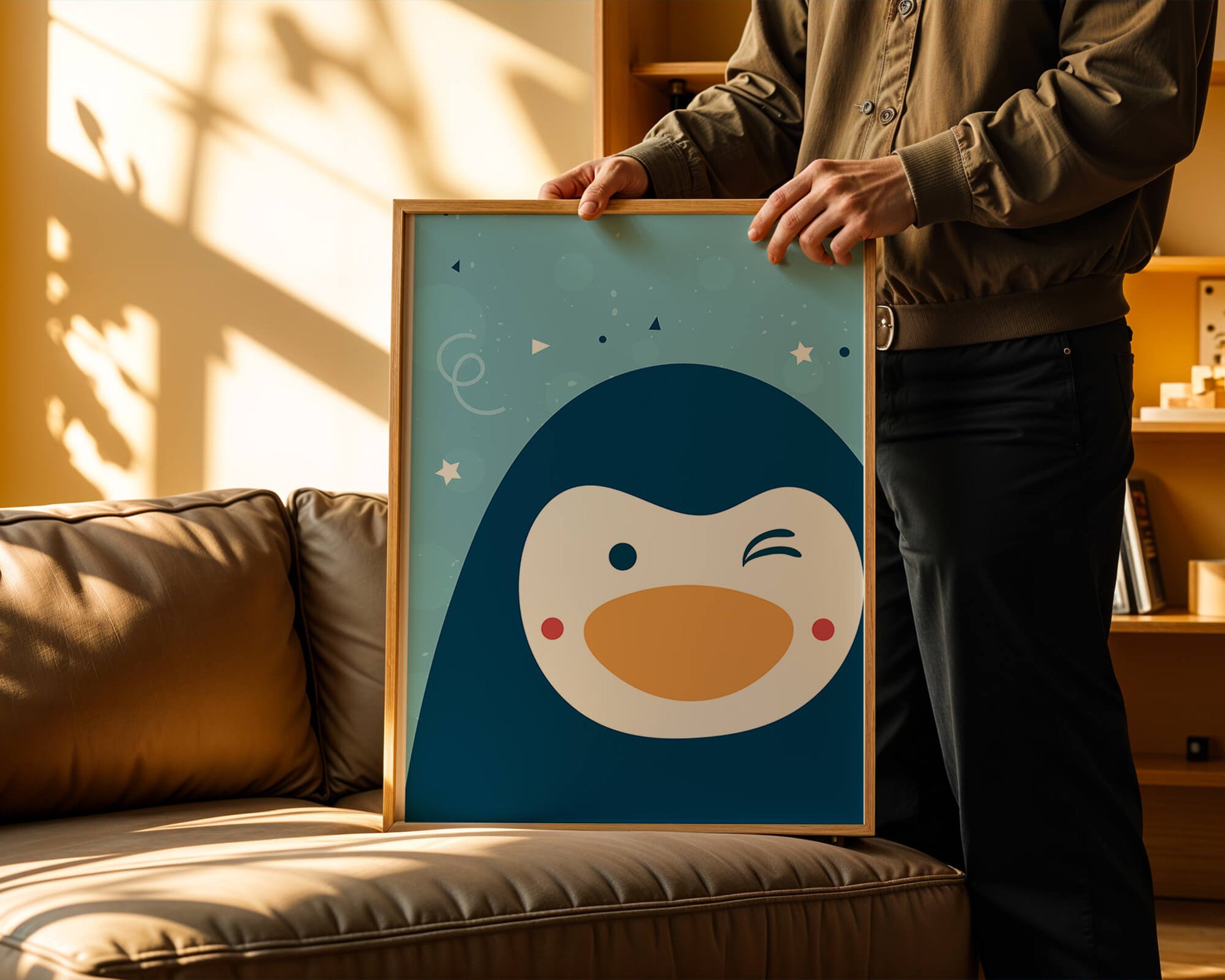 Pingüino de dibujos animados juguetón sobre un fondo azul caprichoso