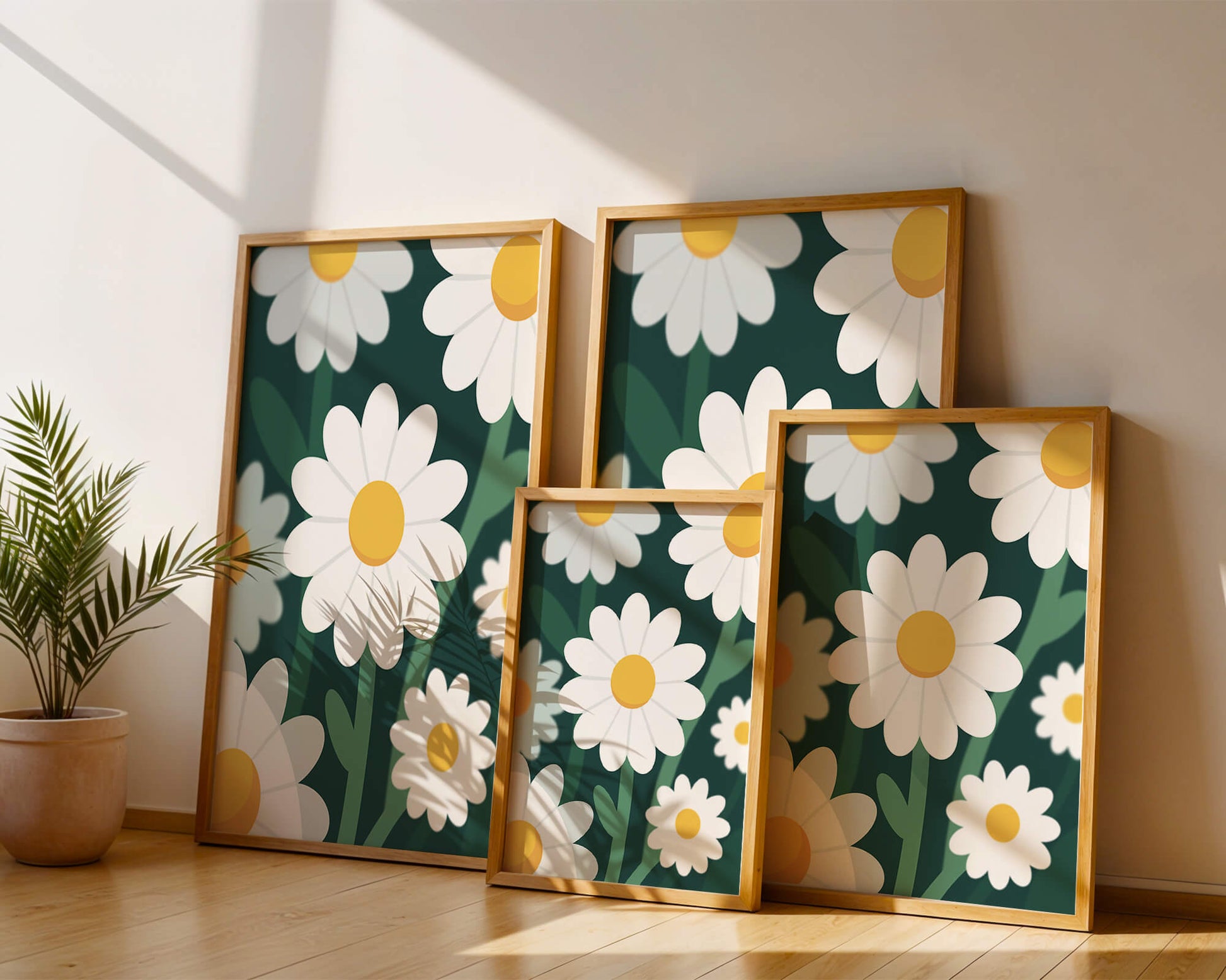 Margaritas sobre fondo verde oscuro con diseño abstracto