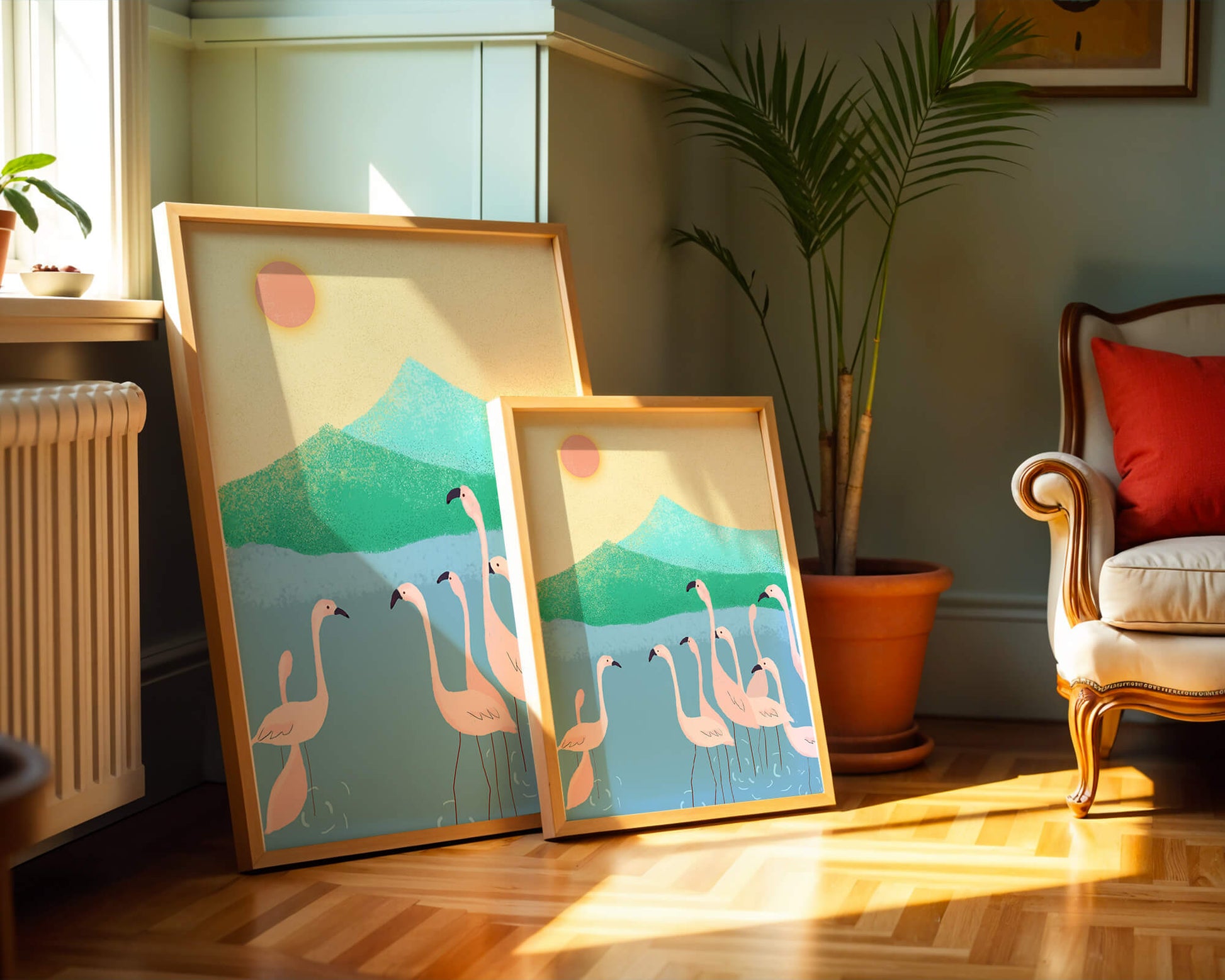 Friedliche Szene mit Flamingos in einer ruhigen Landschaft mit Bergen und Sonnenuntergang