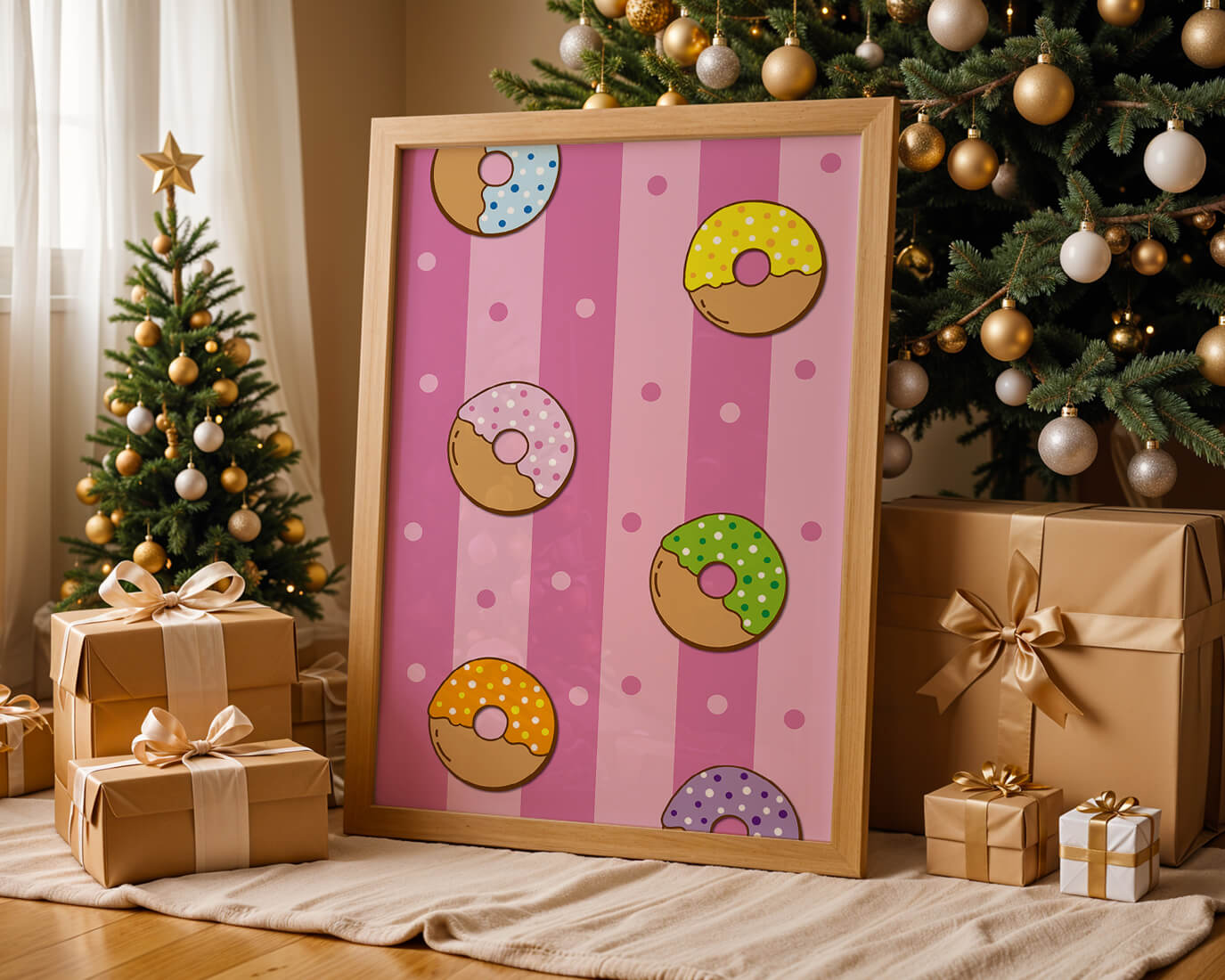 Colorful donut pattern on pink striped background