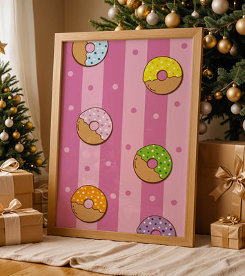 Colorful donut pattern on pink striped background