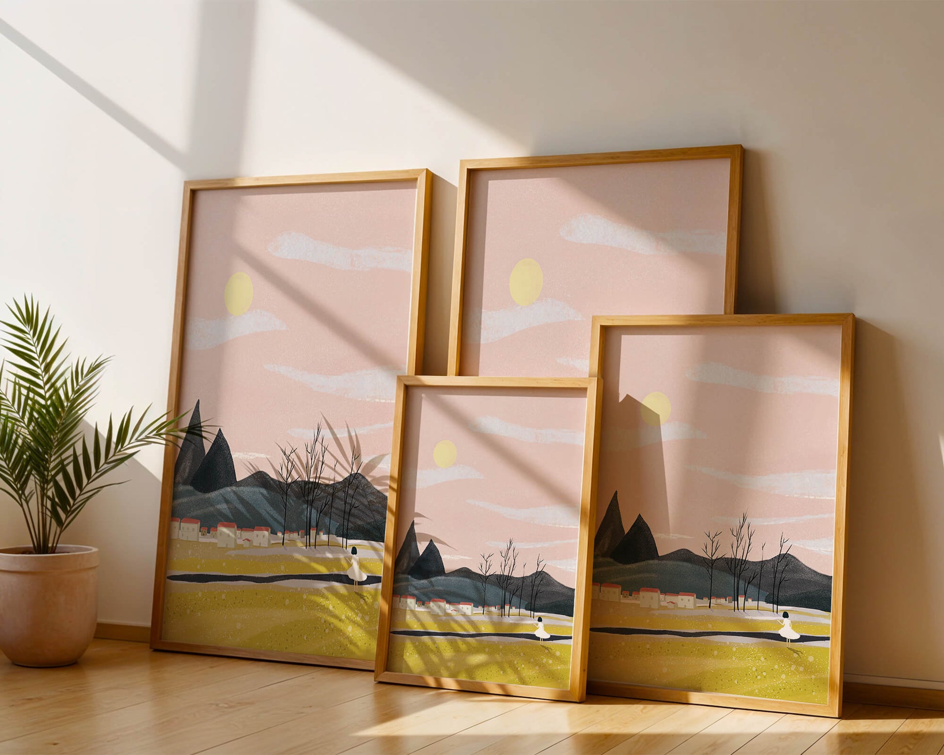 Serene landscape with mountains, village, and a girl under a pink sky