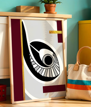 Arte geométrico abstracto con motivo de ojo y detalles dorados