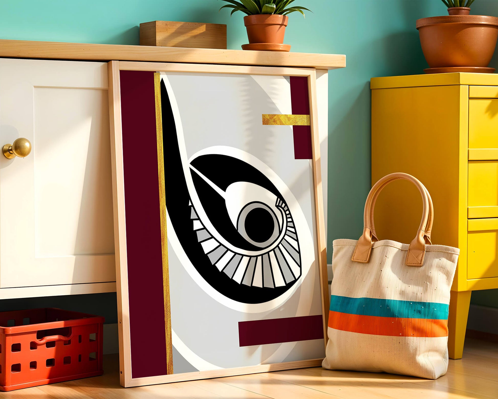 Arte geométrico abstracto con motivo de ojo y detalles dorados