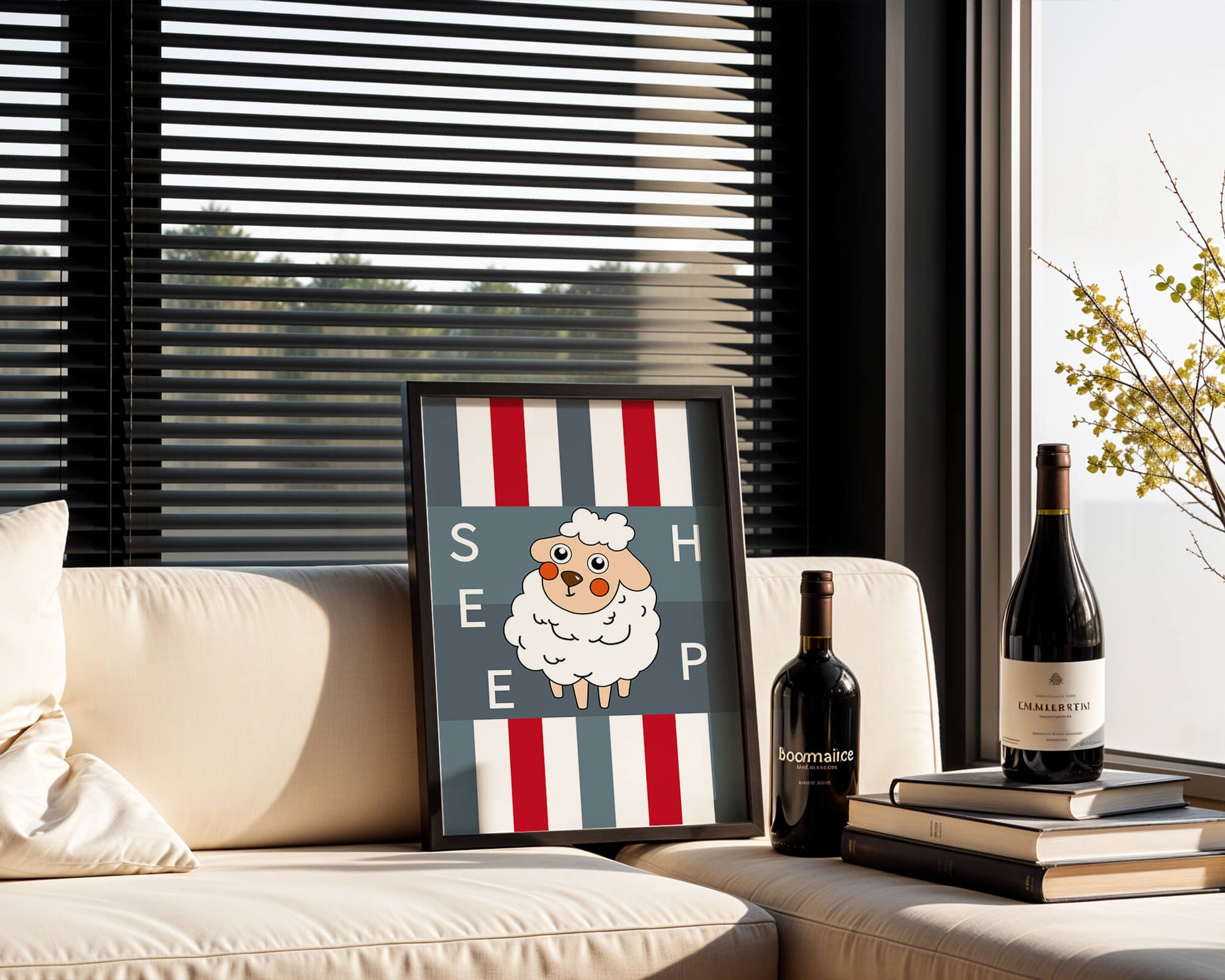 Playful sheep illustration on striped background