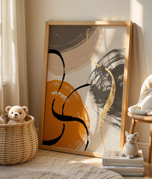 Abstract Art with Orange, Black, and Gold Brushstrokes - Mi tienda