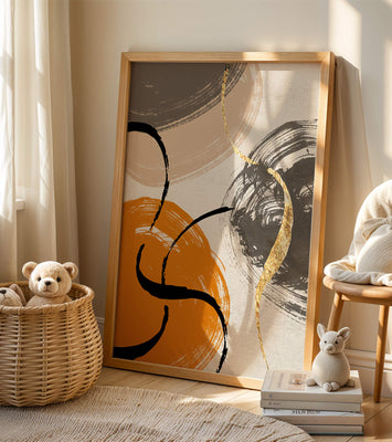 Abstract Art with Orange, Black, and Gold Brushstrokes