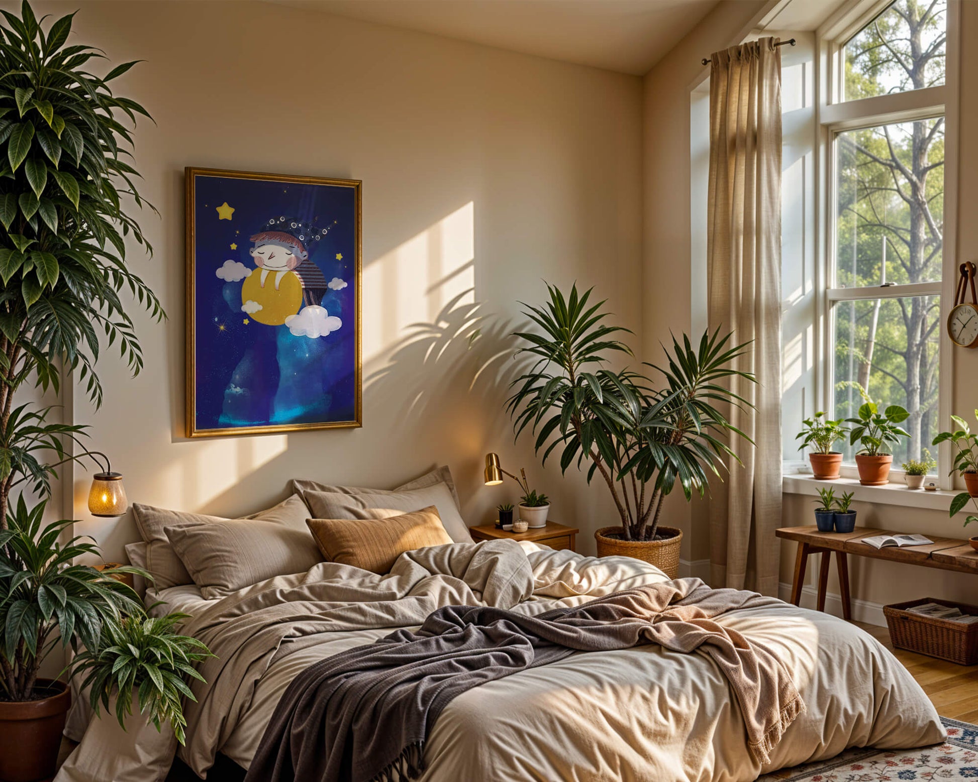 Dreamy Nighttime Scene with a Child Hugging the Moon