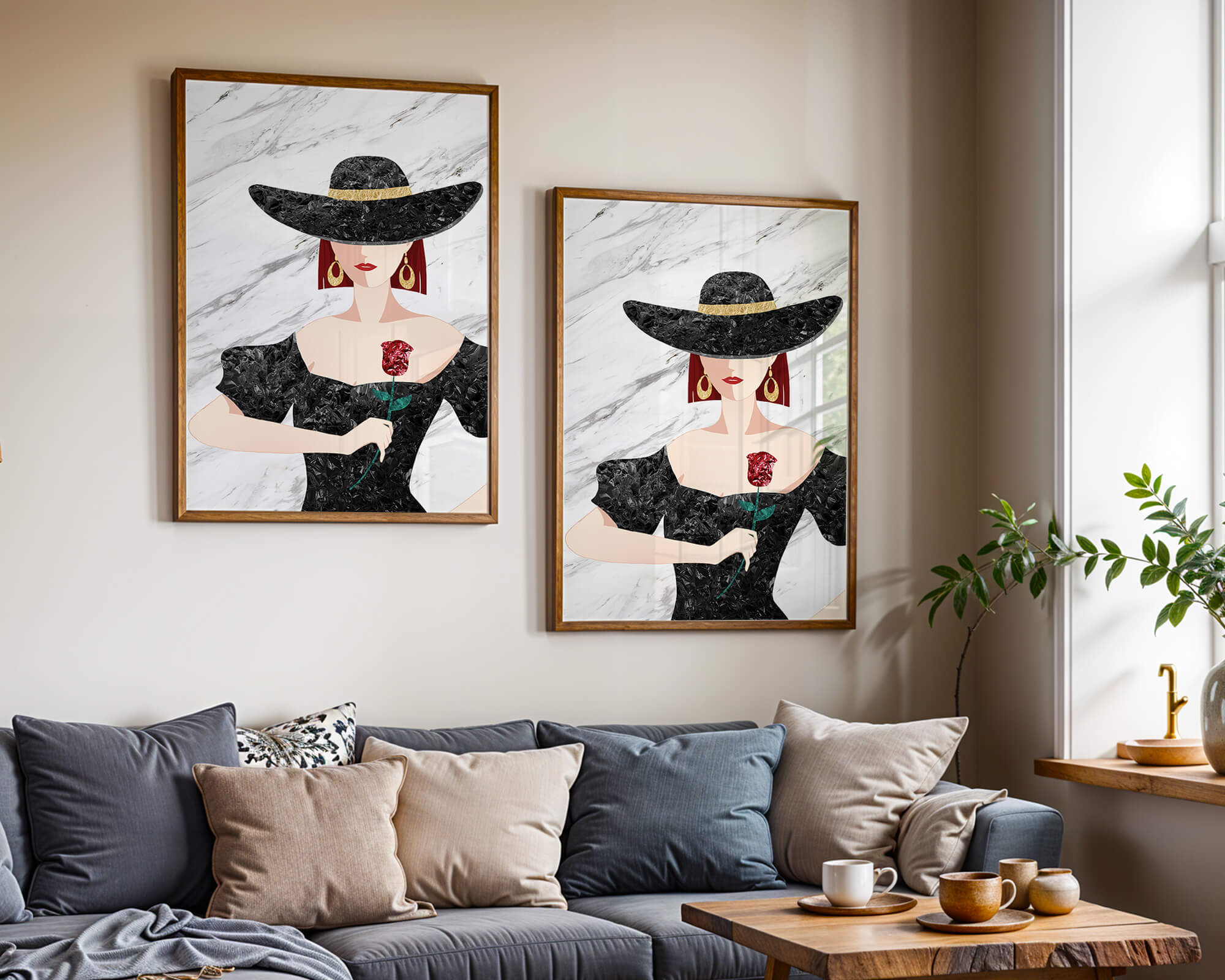 Elegant woman in wide-brimmed hat holding a rose on marble background