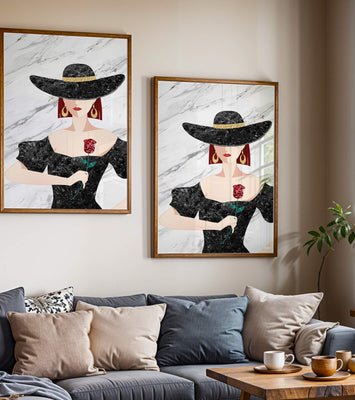 Elegant woman in wide-brimmed hat holding a rose on marble background