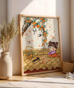 Charming illustration of a child with cats on a rooftop beneath a fruit tree