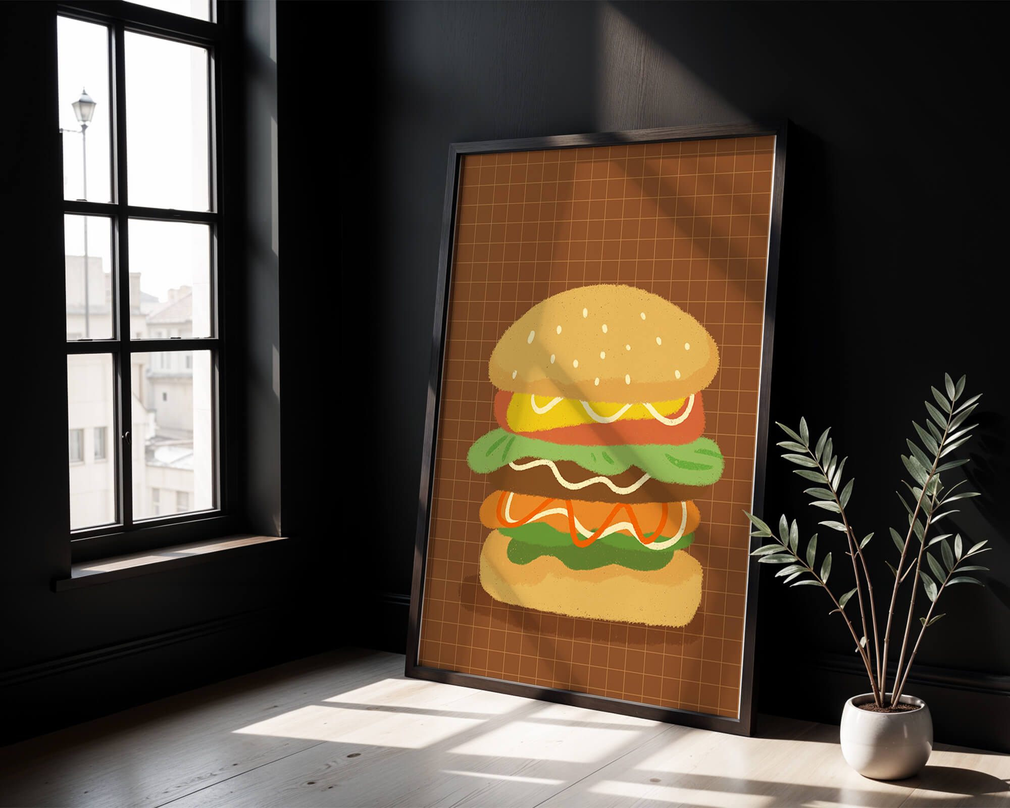 Illustrated cheeseburger with colorful layers on a grid background