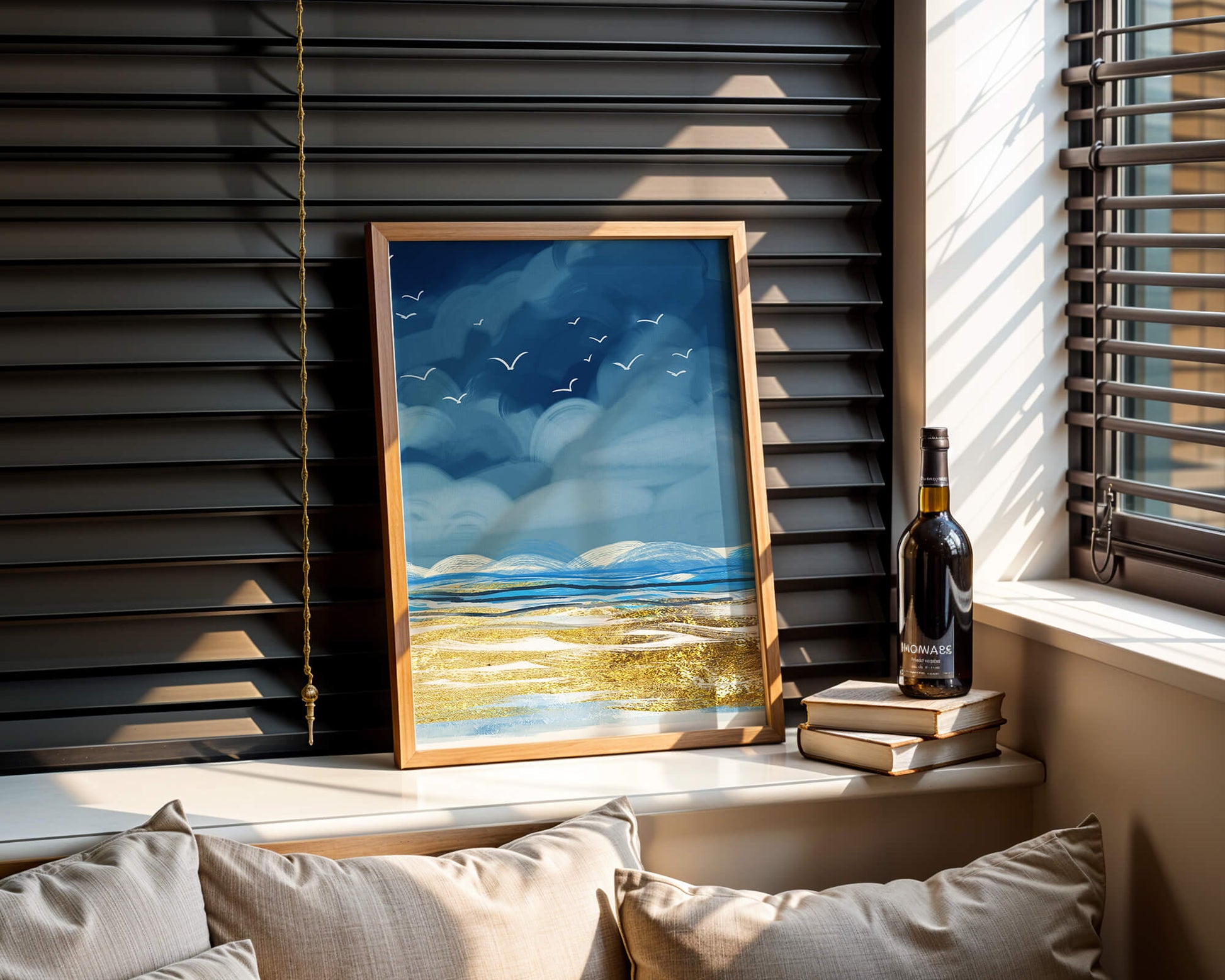 Seascape with Birds in a Vibrant Blue and Gold Palette