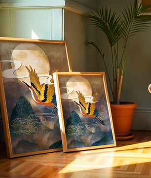 Majestic Gold-Crimson Crane Flying Over Misty Mountains in Moonlight
