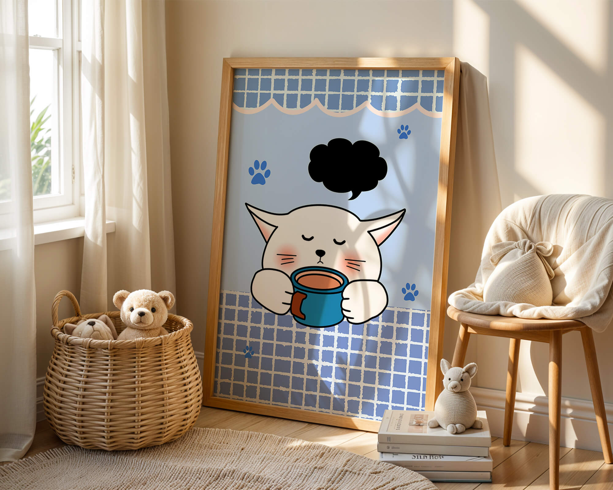 Cute cartoon cat with mug and speech bubble on blue background