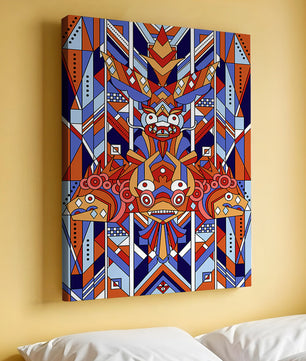 Arte tribal geométrico con colores vibrantes y patrones simétricos