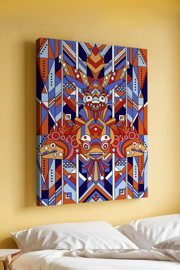 Arte tribal geométrico con colores vibrantes y patrones simétricos