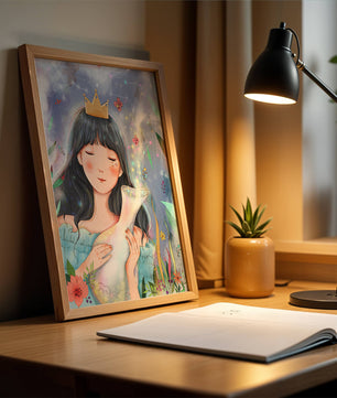 Retrato encantador de una chica con corona en un jardín mágico