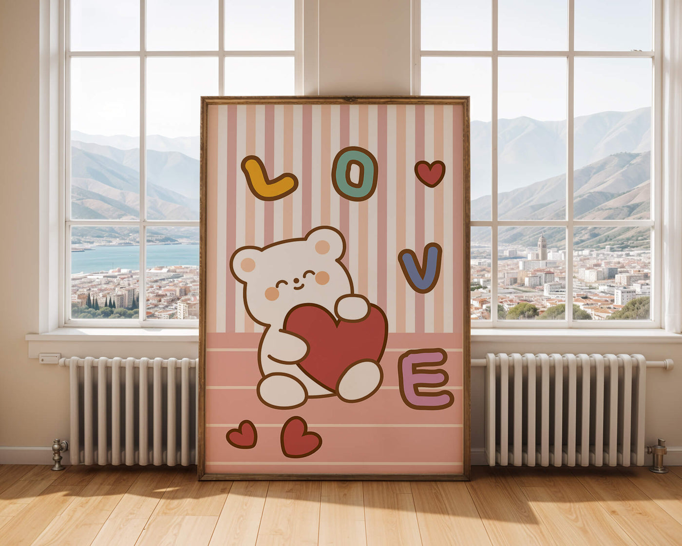 Adorable bear holding a heart in a playful love-themed illustration