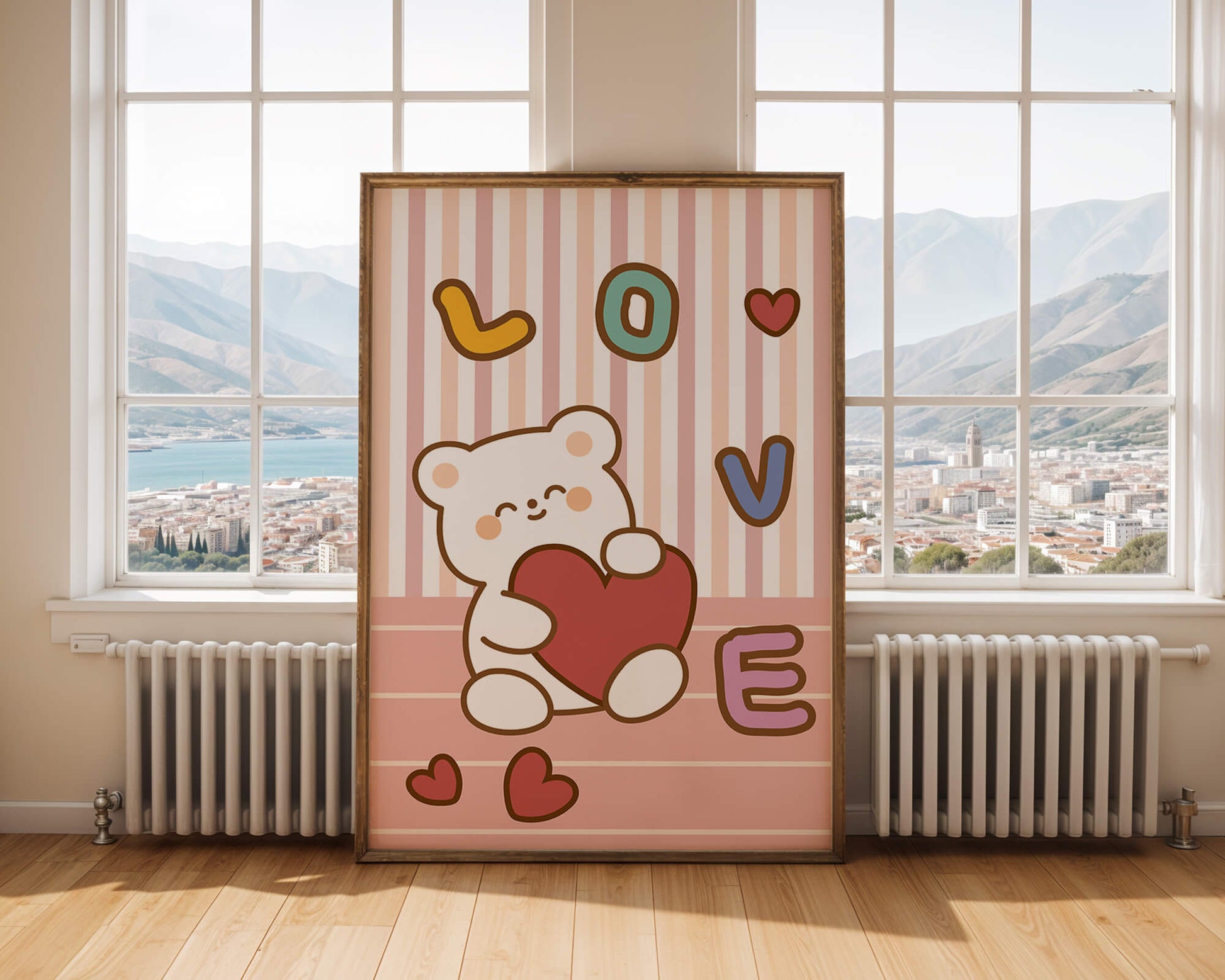 Adorable bear holding a heart in a playful love-themed illustration