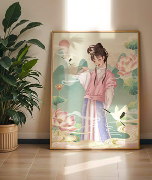 Femme élégante en tenue traditionnelle avec lotus en fleurs et grues