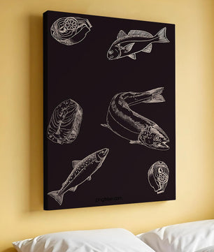 Ilustración detallada de elementos de pescado y mariscos sobre fondo oscuro