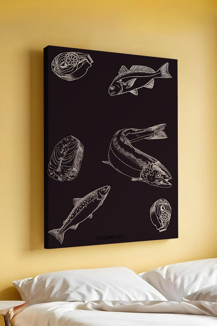 Detailed illustration of fish and seafood elements on dark background