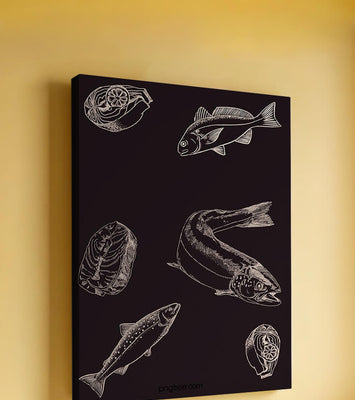 Detailed illustration of fish and seafood elements on dark background