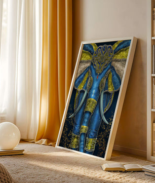 Blue and gold ornate elephant with intricate patterns