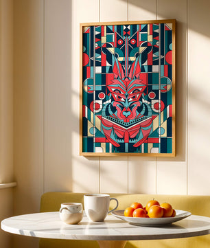 Arte abstracto geométrico de lobo con influencias tribales