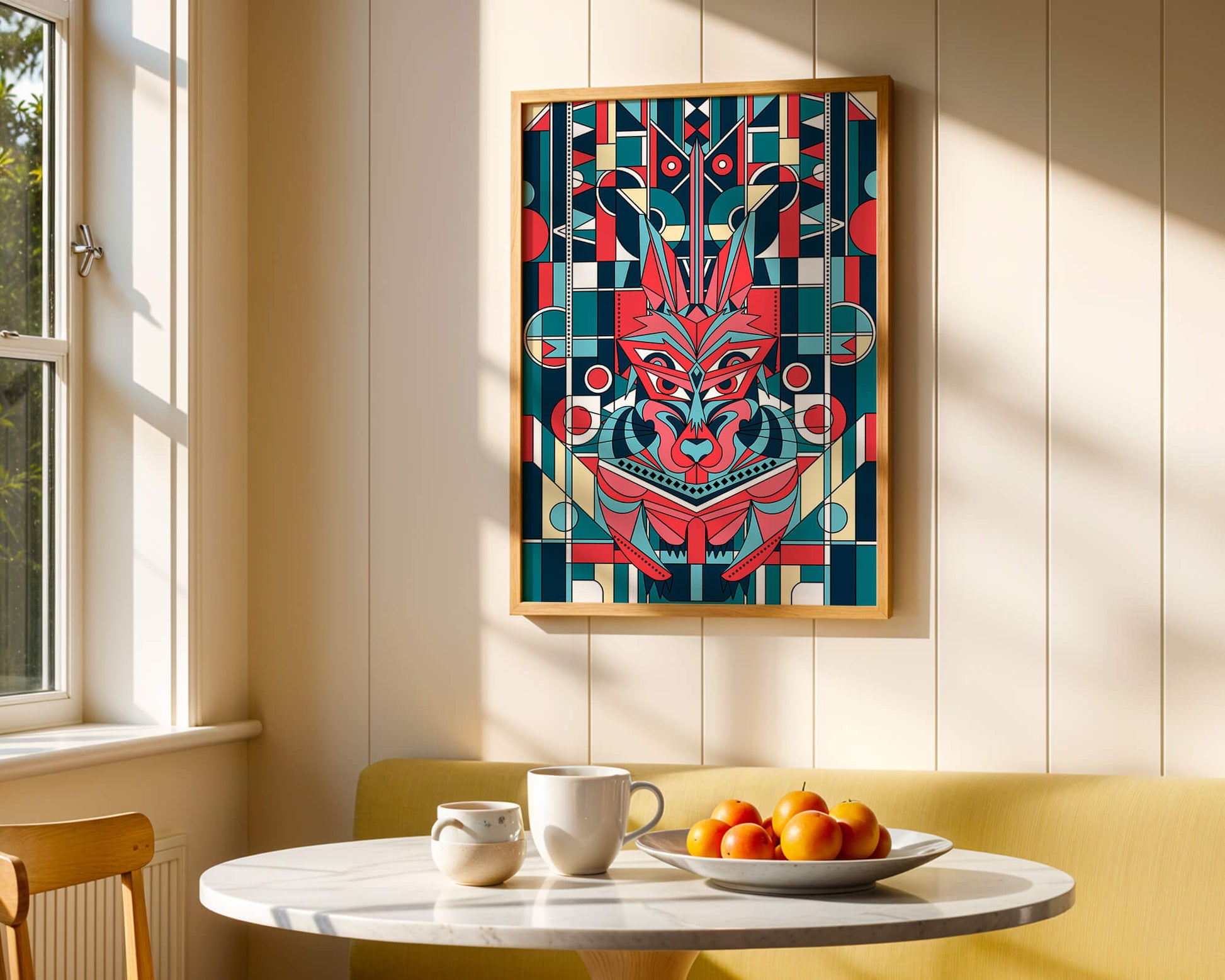 Arte abstracto geométrico de lobo con influencias tribales