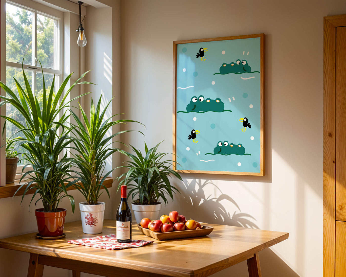 Playful cartoon crocodiles and birds on blue patterned background