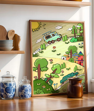 Colorful cartoon landscape with vehicles and nature scene