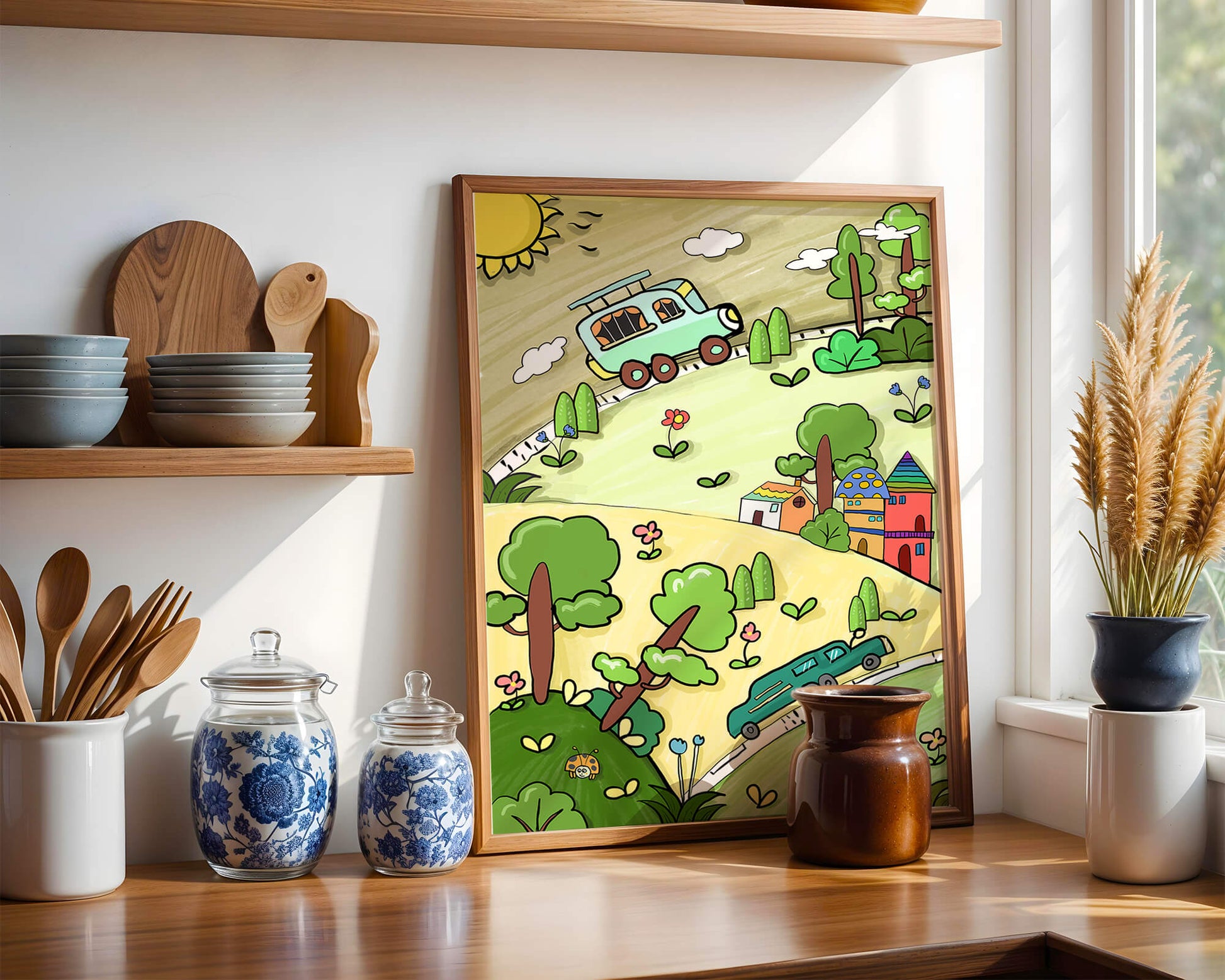 Colorful cartoon landscape with vehicles and nature scene