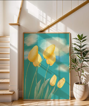 Stylized yellow tulips against a cloudy blue sky background