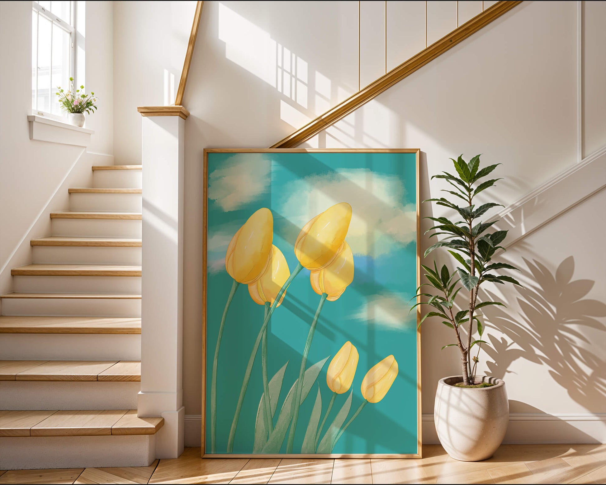Stylized yellow tulips against a cloudy blue sky background