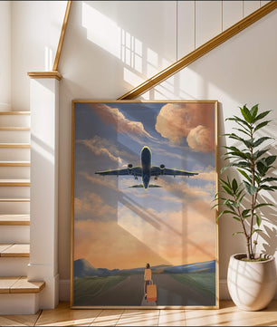 Serene airport departure with airplane and traveler at sunset