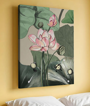 Illustrated lotus with playful cartoon bees in a serene garden
