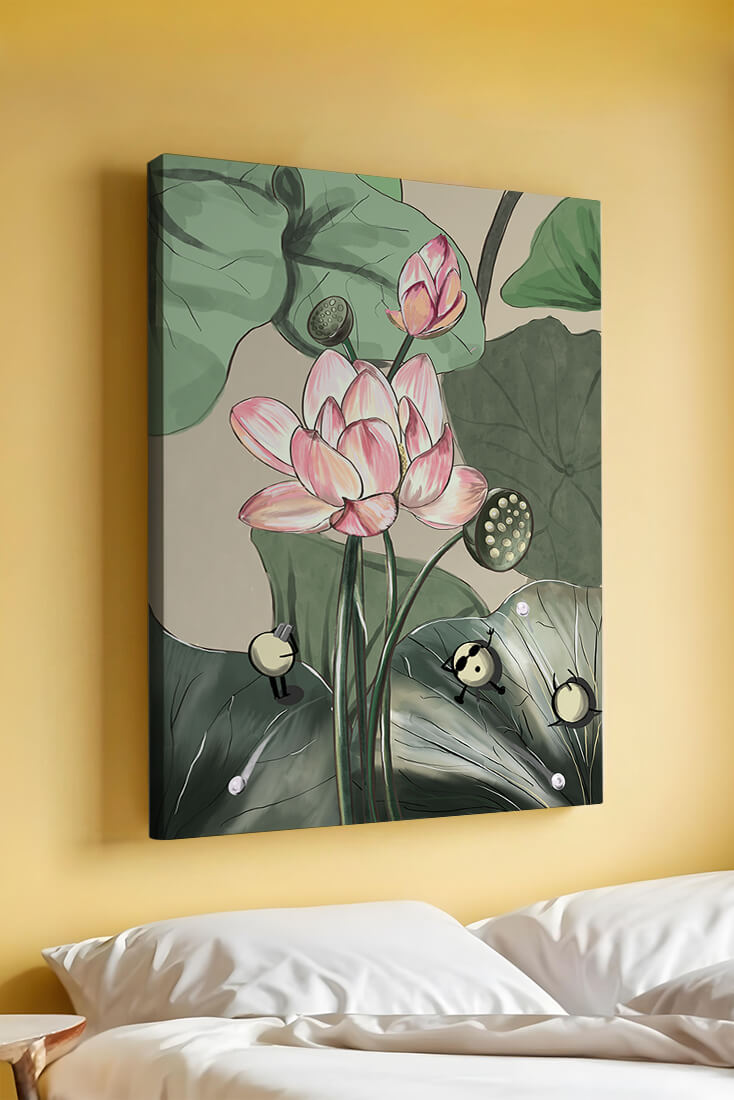 Illustrated lotus with playful cartoon bees in a serene garden
