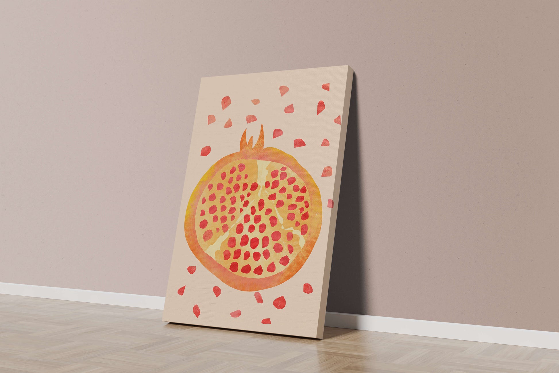 Colorful abstract pomegranate illustration with scattered seeds