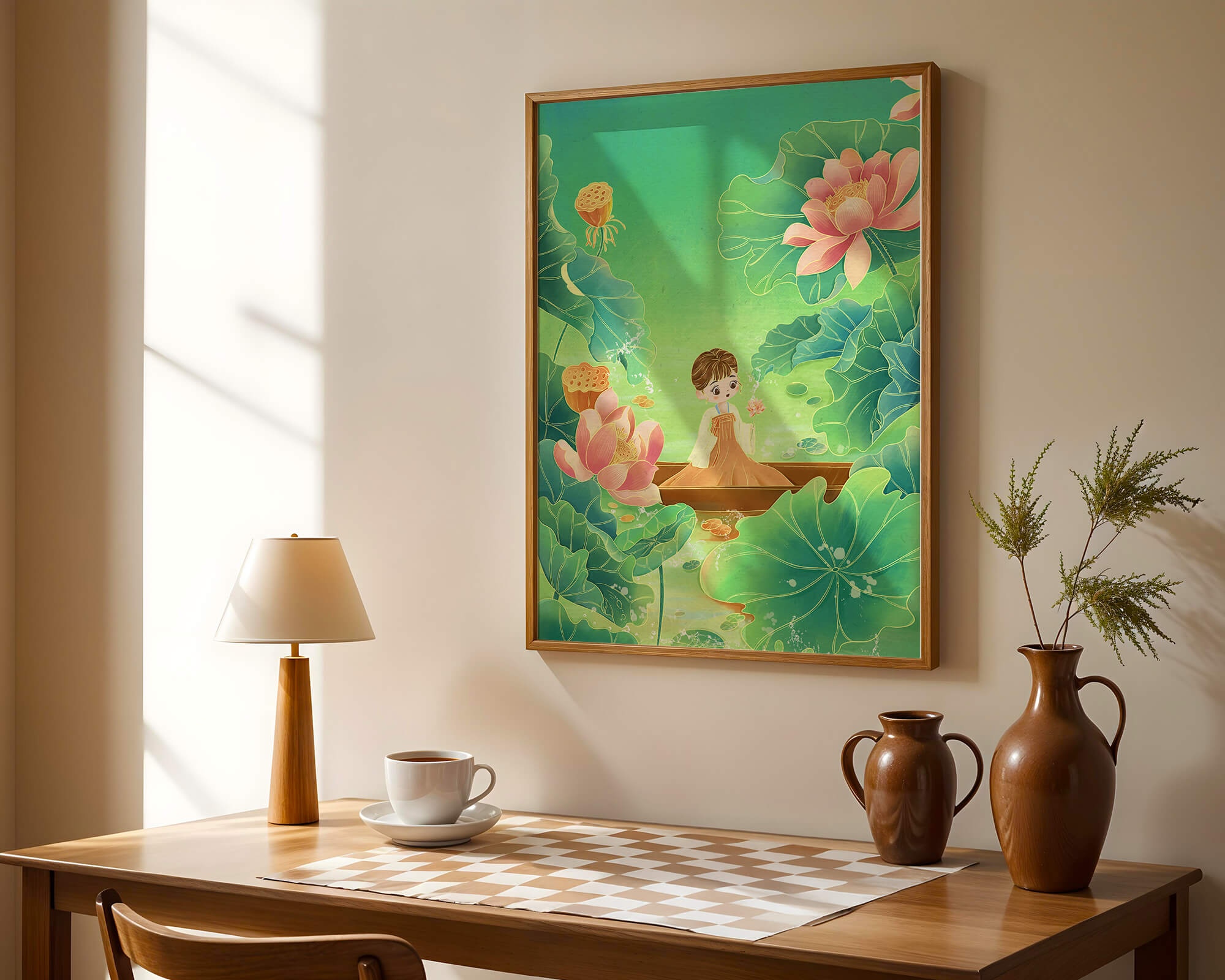 Serene illustration with girl among lotus flowers and green leaves