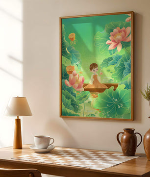 Serene illustration with girl among lotus flowers and green leaves