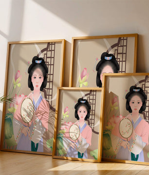 Elegant traditional Asian woman in pastel attire with floral background