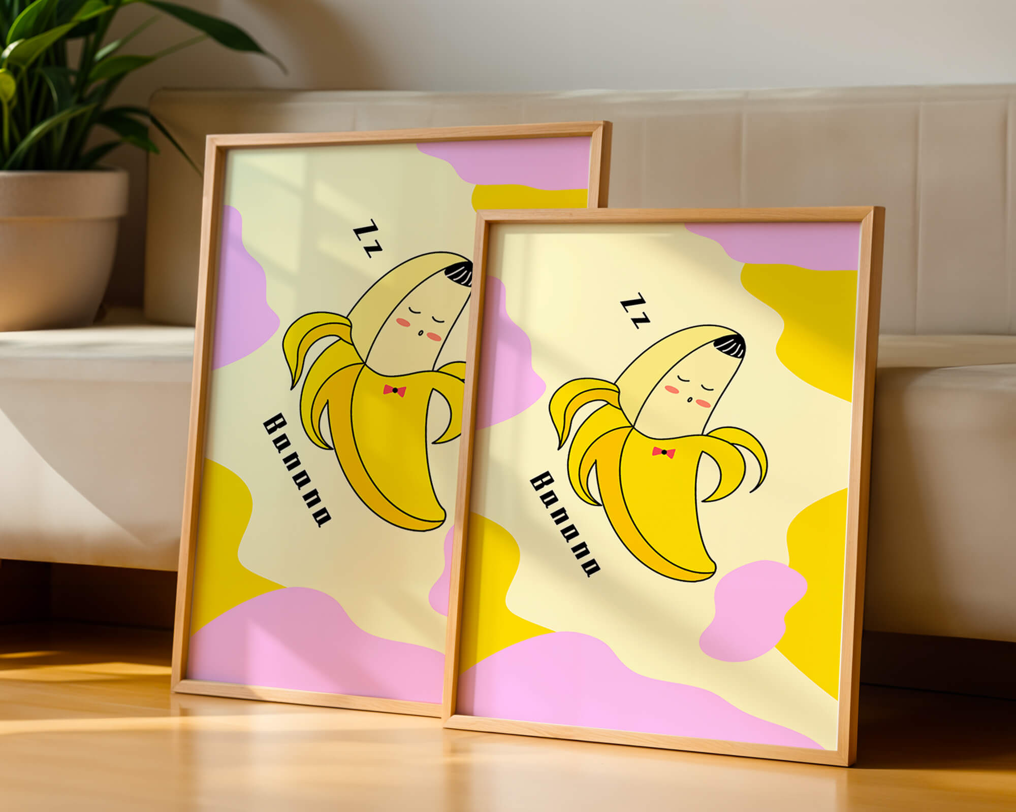Playful illustration of a sleeping banana with colorful abstract background