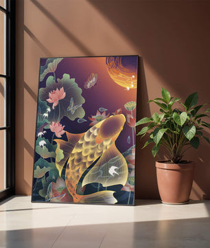 Bunte Koi-Fische mit Lotusblumen und Schmetterlingen bei Sonnenuntergang