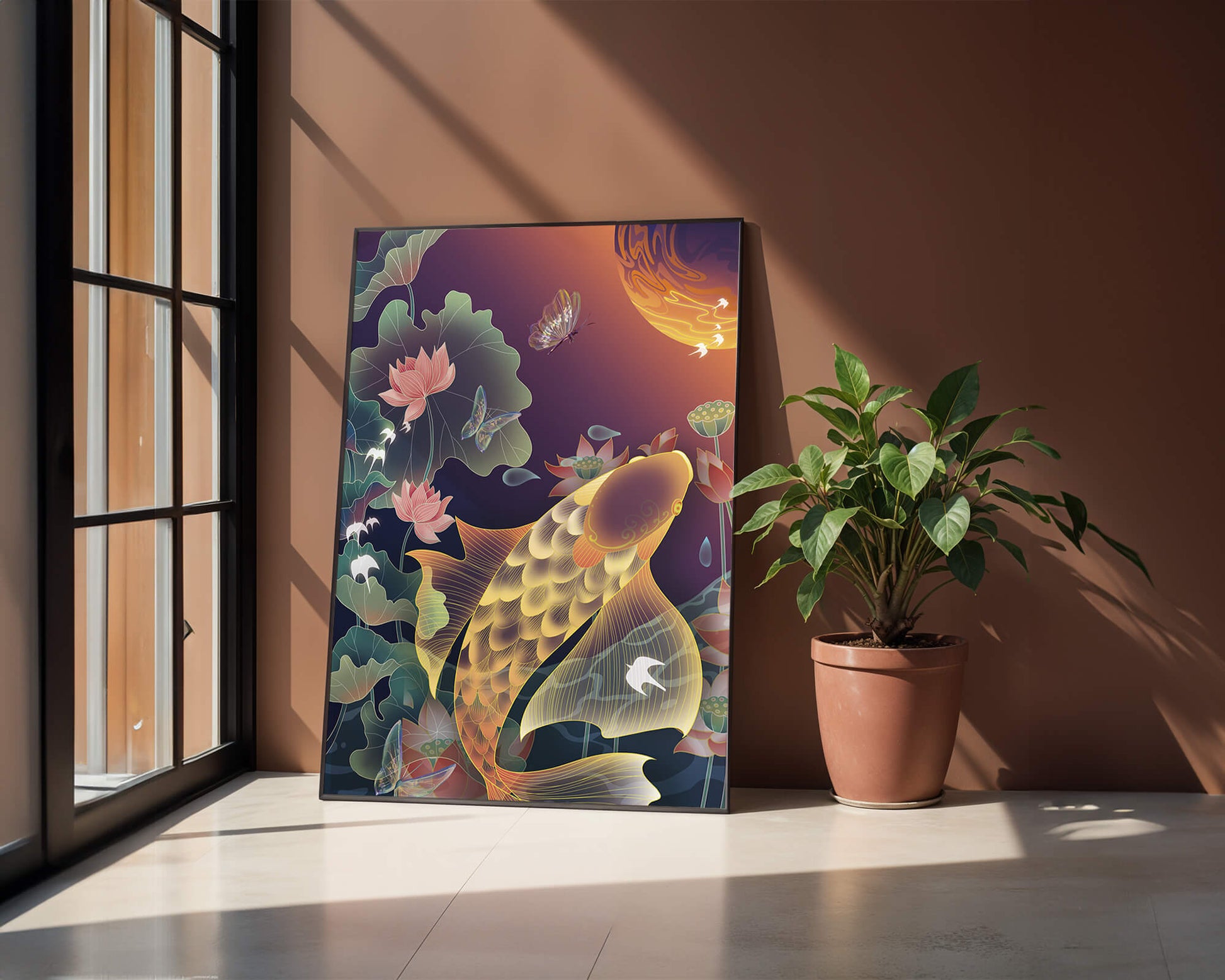 Bunte Koi-Fische mit Lotusblumen und Schmetterlingen bei Sonnenuntergang