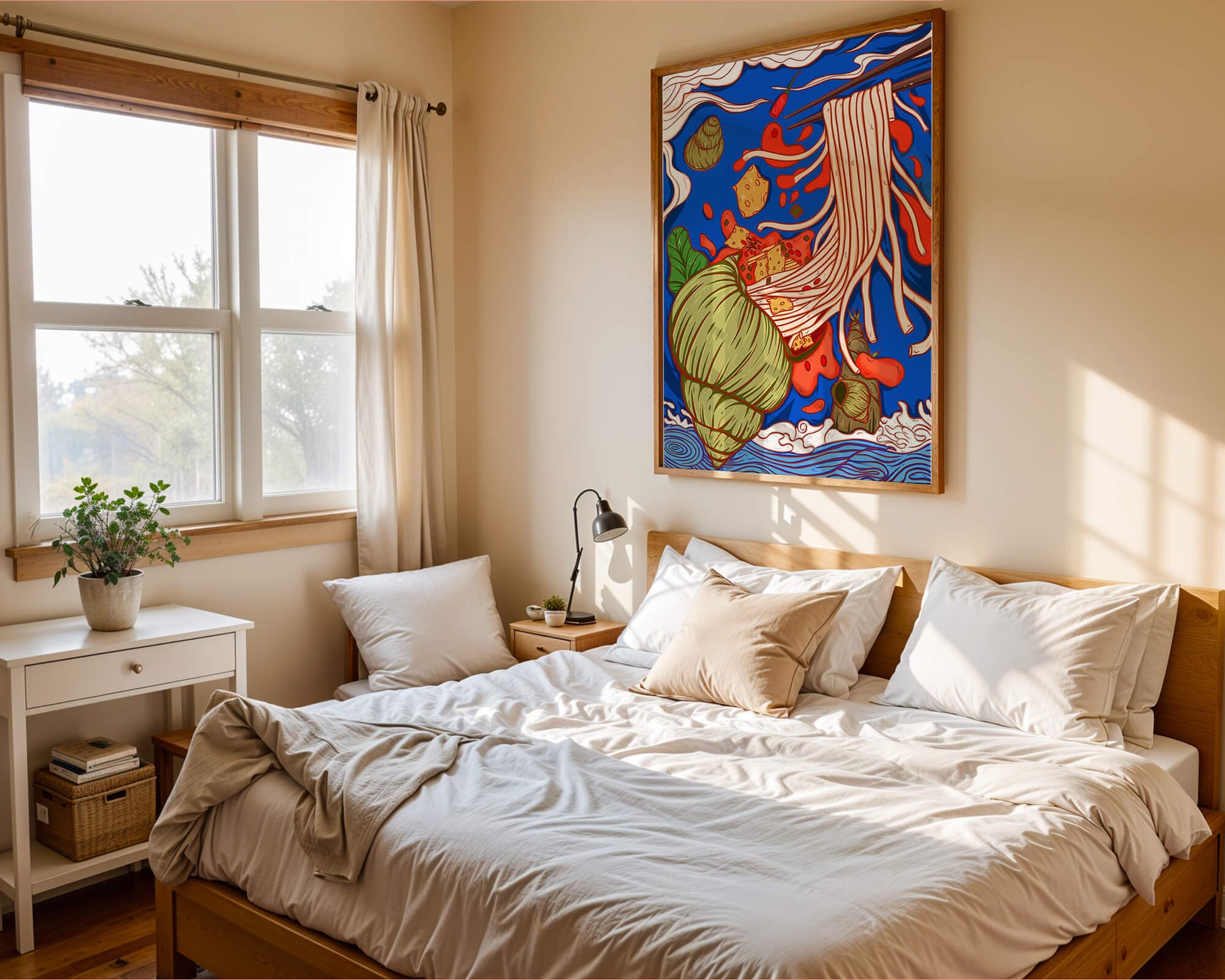 Ilustración intrincada de fideos con colores vibrantes y elementos detallados