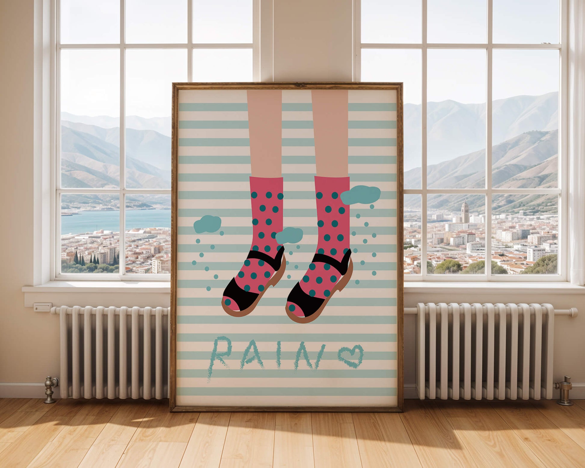 Illustration of polka dot socks and sandals on a striped background